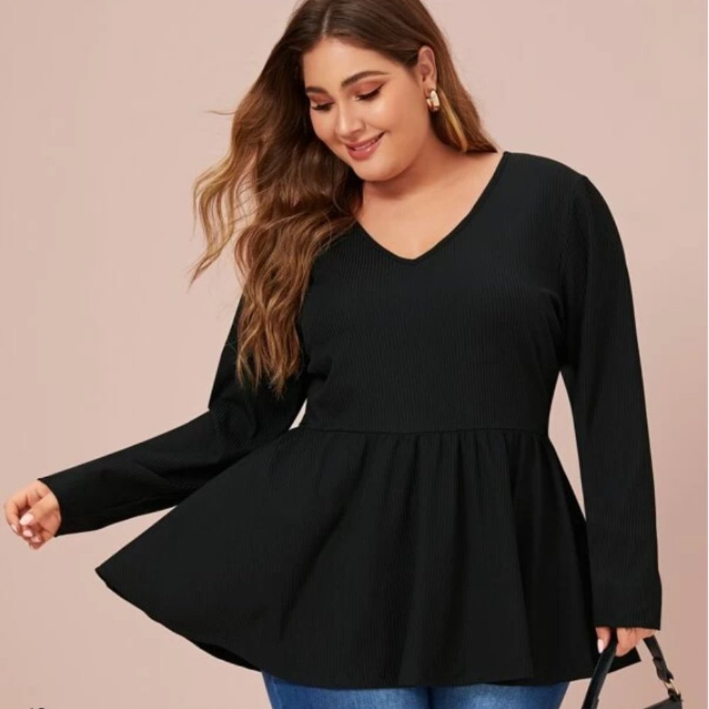 SOLID Black V-Neck Peplum Tee